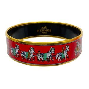 HERMES RED MULTI HORSE AND ELEPHANT PRINT ENAMEL WIDE BANGLE BRACELET